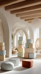 Soft tones and natural materials in a baby is play area filled with pastel stackers