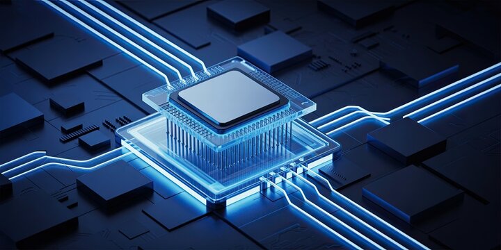 Modern computer chip with glowing blue connections for AI technology