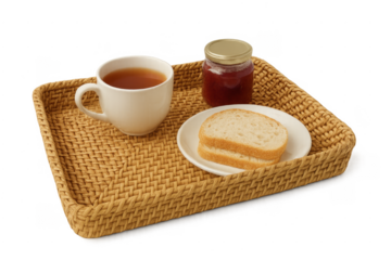Breakfast serving sweet jam and tea on wicker tray