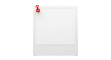 A blank white instant photo frame pinned by a red push pin, isolated on white background