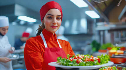 Young female chef in red uniform presents fresh salad in bustling kitchen, showcasing culinary skills and passion for cooking