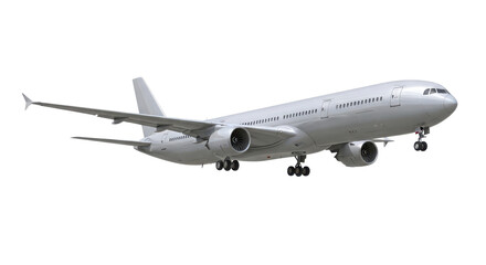 Generic large passenger jet airplane flying isolated on white background for travel and aviation design
