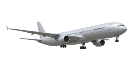 Generic large passenger jet airplane flying isolated on white background for travel and aviation design