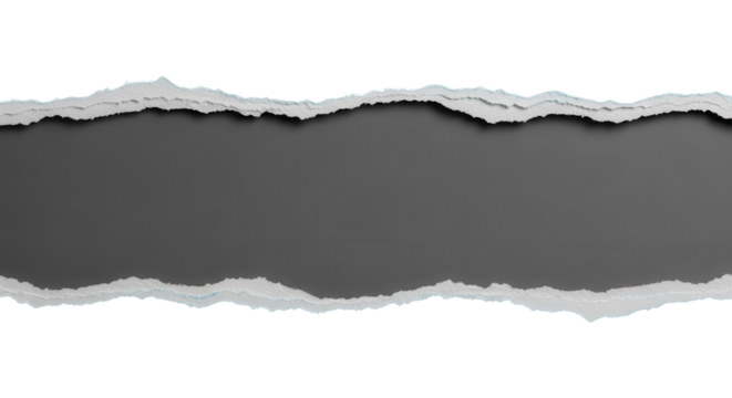 Seamless ripped white paper texture strip revealing dark grey background isolated.