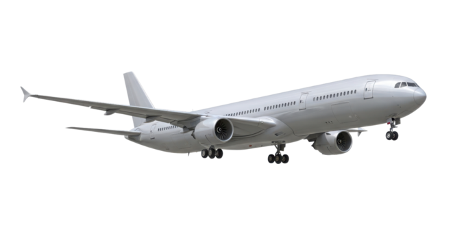 Generic large passenger jet airplane flying isolated on white background for travel and aviation design