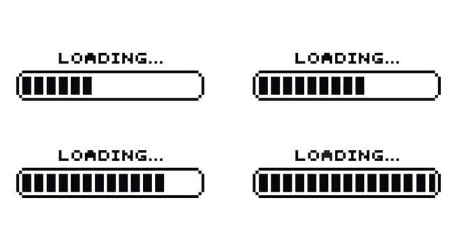 Retro pixel art loading bars in black and white, indicating progress and waiting for digital content