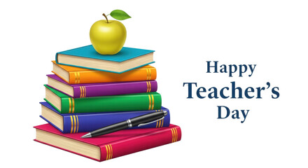 Happy Teacher's Day greeting with colorful books stack, green apple, and pen illustration.