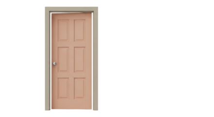 Closed blush pink interior six-panel door isolated on white background for design.