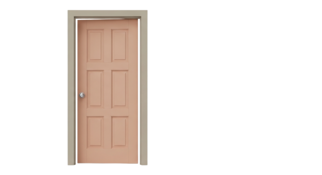 Closed blush pink interior six-panel door isolated on white background for design.