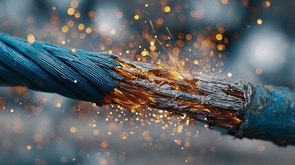 Closeup of frayed industrial cable with sparks flying, symbolizing danger and failure in a dramatic, high-impact visual