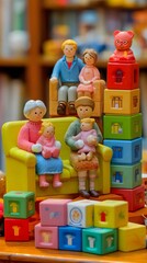 A nurturing home scene with family sitting around colorful stackable toys