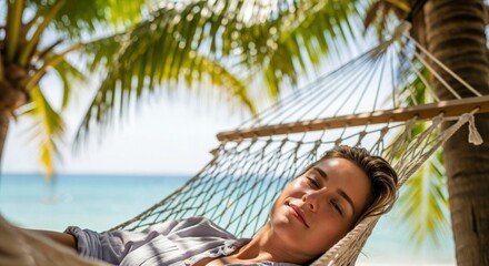 A Relaxed Adult Female Enjoying a Tropical Beachside Hammock Under Palm Trees on a Sunny Day, Embracing Nature's Tranquility and Peaceful Vibes