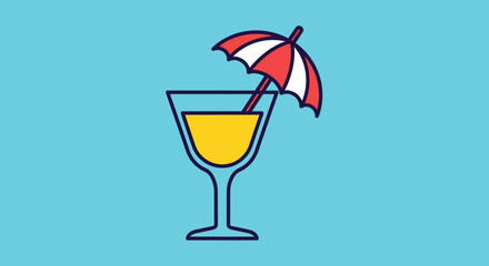 A cocktail glass with yellow liquid and a red and white striped umbrella against a blue background.