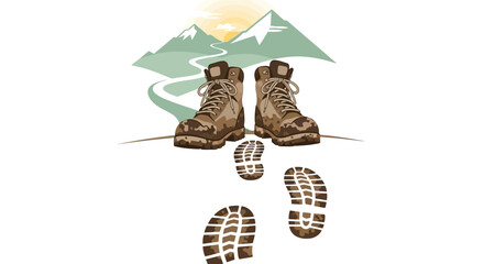 Hiking boots and footprints on a trail leading towards mountains under sun. © Wida