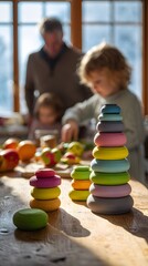 Calm daylight pouring over a family enjoying time with pastel stacking sets
