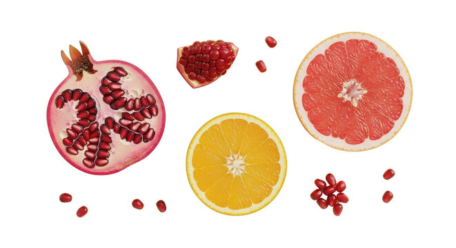 Top view of fresh citrus and pomegranate fruit slices isolated on white background for healthy eating - Powered by Adobe