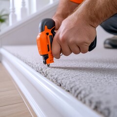 Close up of hands using a power tool to secure carpet on stairs, focusing on precision and detail