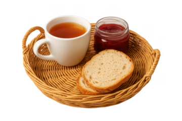 Breakfast tray with tea, bread, and strawberry jam