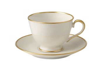 Elegant white teacup and matching saucer with delicate gold accents