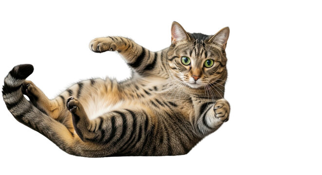 Cute tabby cat lying on its back with paws up isolated on white studio background