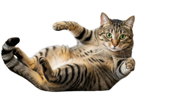 Cute tabby cat lying on its back with paws up isolated on white studio background