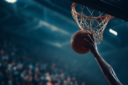 Basketball player performing slam dunk with ball stretched towards hoop in indoor stadium filled with blurred crowd, capturing intense sports action and energy - Powered by Adobe
