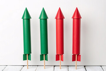 Vibrant handmade rockets in red and green, perfect for holiday crafts or festive decorations bringing youthful joy and playful spirit