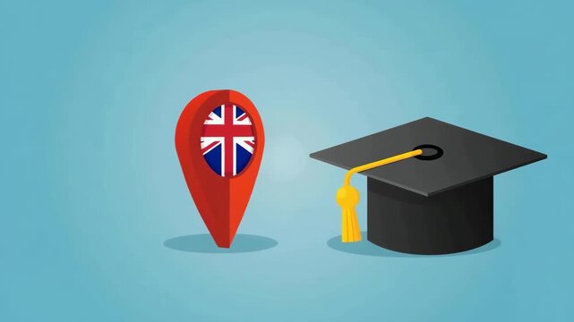 Study in the UK Concept Animation with Graduation Cap and Map Pin. Higher Education, University, and International Student Vector.