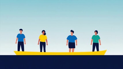 Diverse Team Standing Together in One Boat. Metaphor for Teamwork, Collaboration, and Shared Journey Animation.
