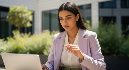 A confident young Indian businesswoman in formal attire works outdoors on a laptop