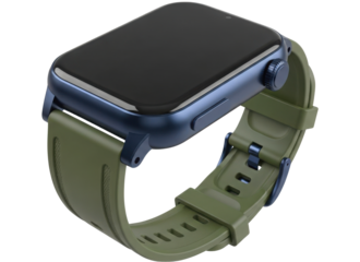 Modern wearable smartwatch device with dark blue casing and olive green strap isolated on white background