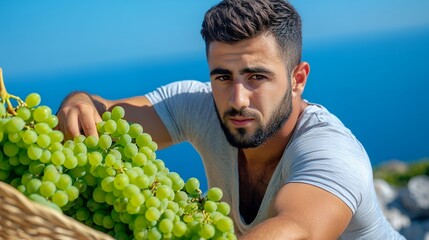 Man carefully picking grapes in a vineyard with a bright blue sky backdrop