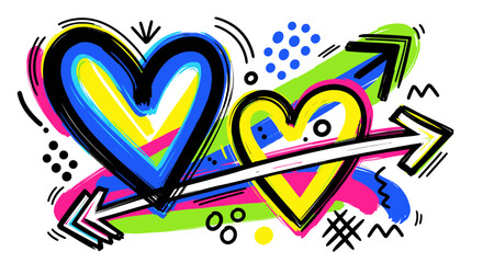 Whimsical illustration of two hearts pierced by an arrow, adorned with vibrant colors and playful abstract shapes.