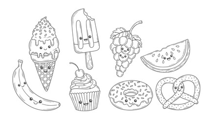 A collection of cute, kawaii-style line drawings of various sweet treats and fruits, perfect for coloring.