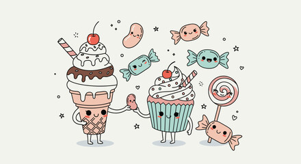 Cute Kawaii Ice Cream Cone and Cupcake Characters Sharing Candies and Jelly Beans.