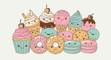 A delightful illustration featuring a collection of cute and smiling desserts, perfect for a sweet treat.