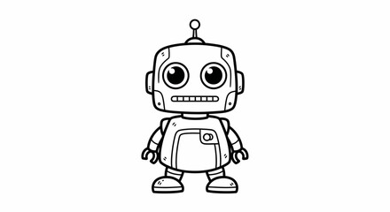 A cute, friendly cartoon robot character in black and white line art, standing on a plain white background.