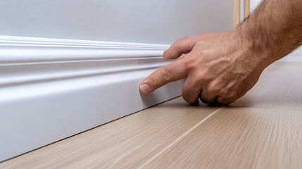 Close up of a hand inspecting a newly installed white baseboard on a smooth wooden floor