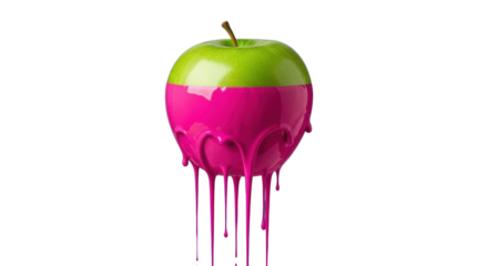 Green apple dripping with vibrant pink paint isolated on white background