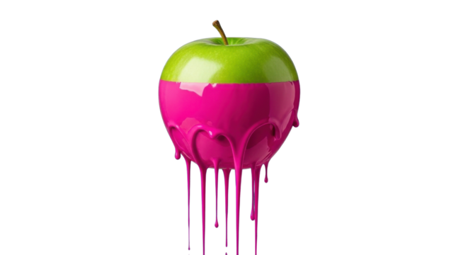 Green apple dripping with vibrant pink paint isolated on white background