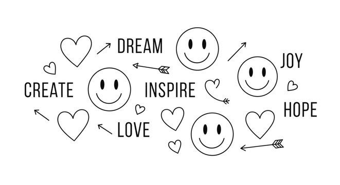 A collection of hand-drawn motivational doodles featuring smiley faces, hearts, arrows, and inspirational words like dream, create, and inspire. - Powered by Adobe