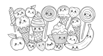 A black and white cartoon illustration of various cute desserts and fruits with smiling faces.