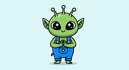 Cute cartoon alien with big eyes and overalls standing with hands together.
