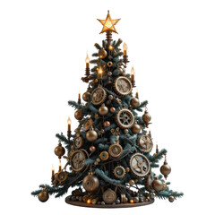 Steampunk christmas tree decorated with gears metal ornaments and warm festive lights
