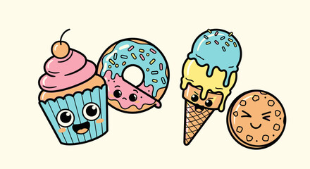 Cute cartoon desserts with faces including a cupcake, donut, ice cream cone, and cookie on a light background.
