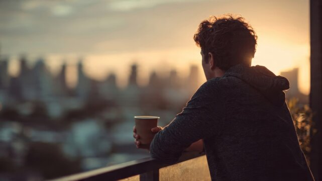 Cinematic sunset reflection man on balcony with coffee urban cityscape soft tone emotional mood