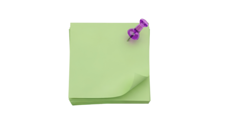 Stack of blank green sticky notes secured with a purple pushpin isolated on white background