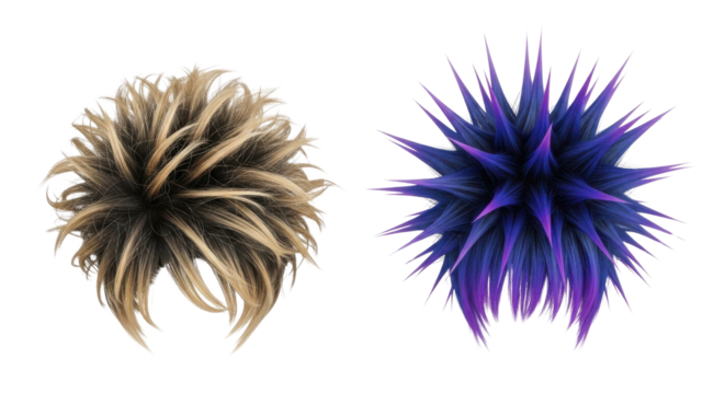 Spiky blonde and purple blue punk rock hairstyle assets isolated on white background