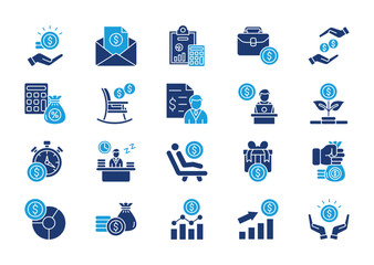 Income thin solid icon set. Containing paycheck, accounting, work, payment, tax, pension, wages, self employment, investment, hourly rate. Vector illustration