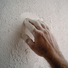 A hand covered in plaster applying a fresh coat on a textured wall, showcasing a construction process